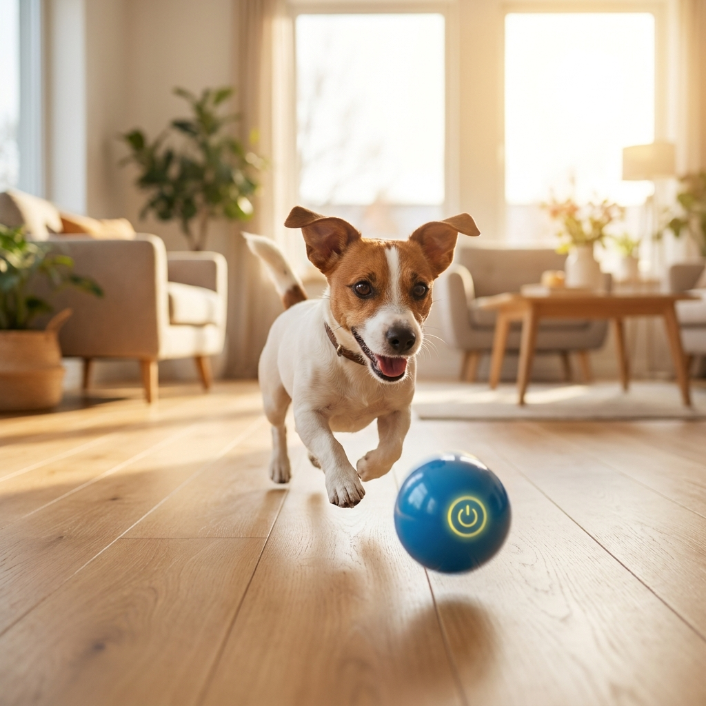 Small dog running toward the Zoomipaws smart ball in a bright living room